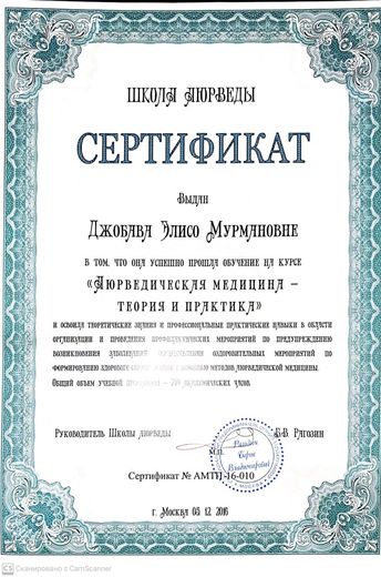 Сертификат курса «Аюрведическая медицина: теория и практика», Школа Аюрведы, 2016
