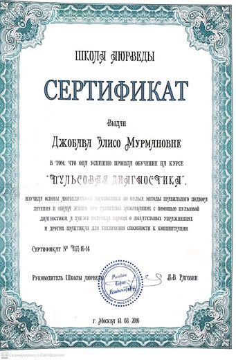Сертификат курса по пульсовой диагностике, Школа Аюрведы, 2016